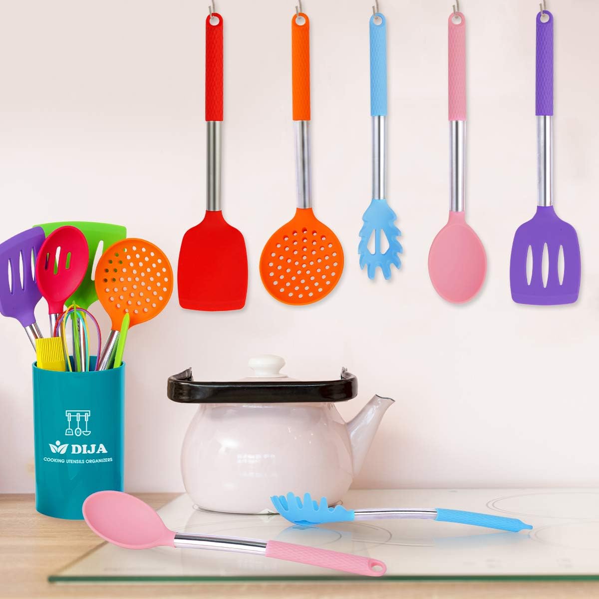 Silicone Cooking Utensils Set, 31pcs Kitchen Utensils Set, Heat Resistant Non-stick Silicone Spatula Set with Stainless Steel Handle BPA-Free Kitchen Cooking Tools Set - Colorful