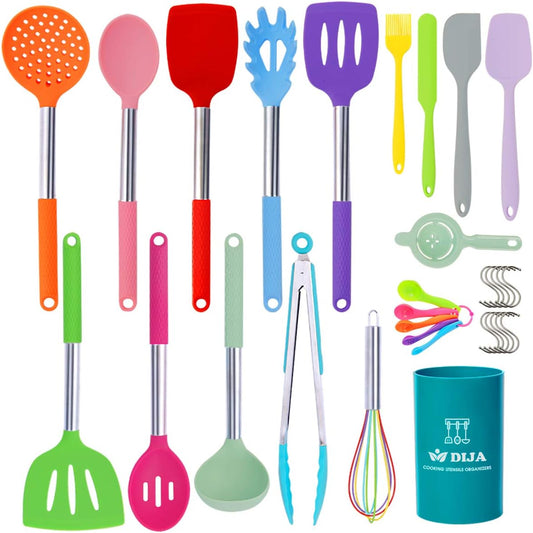 Silicone Cooking Utensils Set, 31pcs Kitchen Utensils Set, Heat Resistant Non-stick Silicone Spatula Set with Stainless Steel Handle BPA-Free Kitchen Cooking Tools Set - Colorful