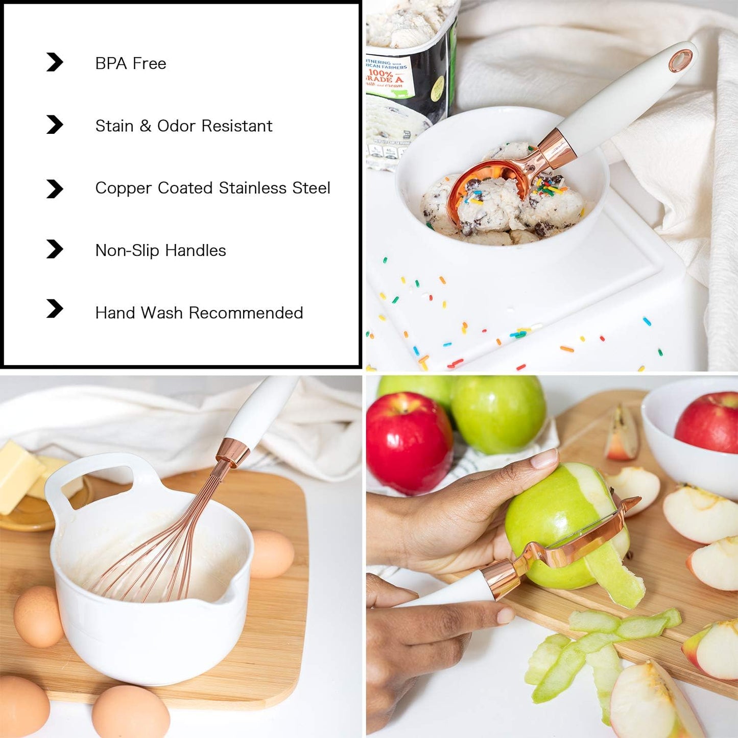 COOK With COLOR 7 Pc Kitchen Gadget Set Copper Coated Stainless Steel Utensils with Soft Touch White Handles