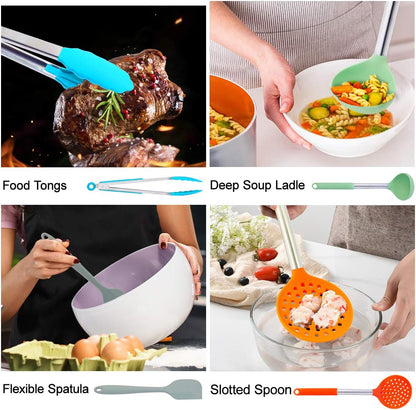 Silicone Cooking Utensils Set, 31pcs Kitchen Utensils Set, Heat Resistant Non-stick Silicone Spatula Set with Stainless Steel Handle BPA-Free Kitchen Cooking Tools Set - Colorful