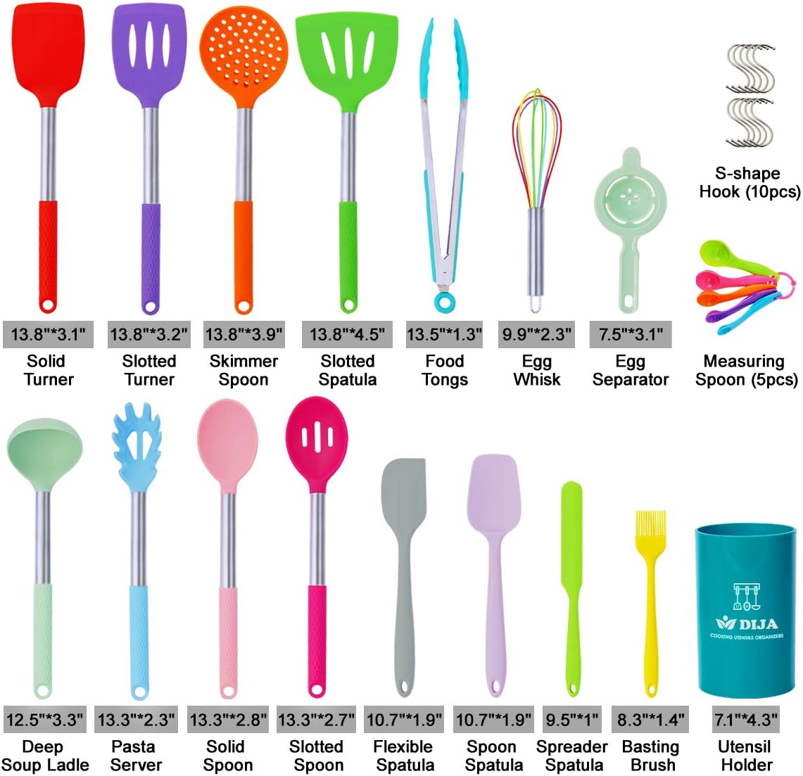 Silicone Cooking Utensils Set, 31pcs Kitchen Utensils Set, Heat Resistant Non-stick Silicone Spatula Set with Stainless Steel Handle BPA-Free Kitchen Cooking Tools Set - Colorful