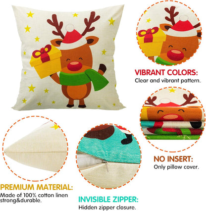 Christmas Pillow Covers 18x18 Set of 4 Christmas Pillow Covers Colorful Christmas Pillow Covers Cartoon Linen Tree Snowman Reindeer Snow Pillow Case for Sofa