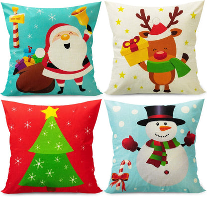 Christmas Pillow Covers 18x18 Set of 4 Christmas Pillow Covers Colorful Christmas Pillow Covers Cartoon Linen Tree Snowman Reindeer Snow Pillow Case for Sofa