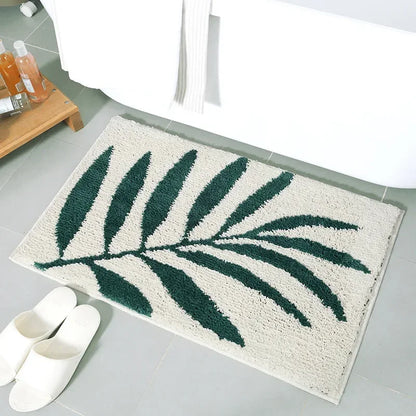 Green Leaves Flocking Bath Mat Non-Slip Absorbent Microfiber Bathroom Rug
